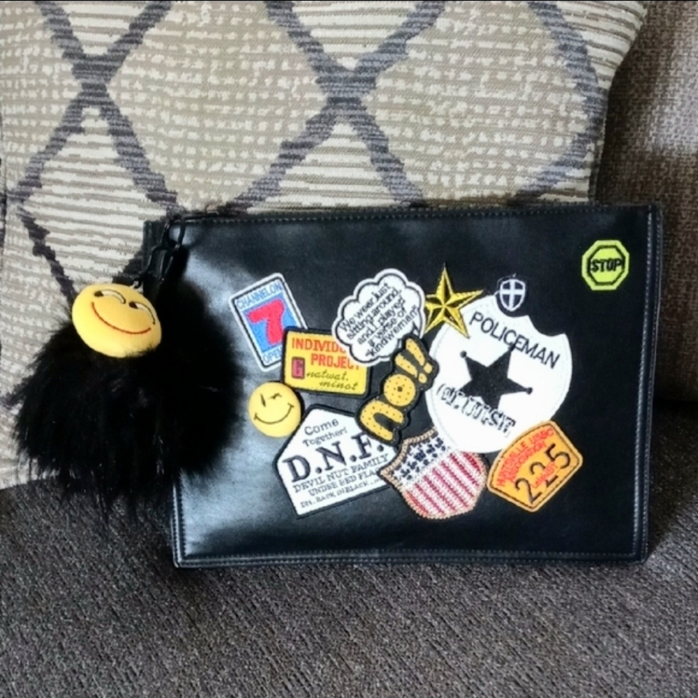 😁Dream Control😁 - Black Oversized Clutch Pouch w/Patches & Pom-Pom Zipper Pull